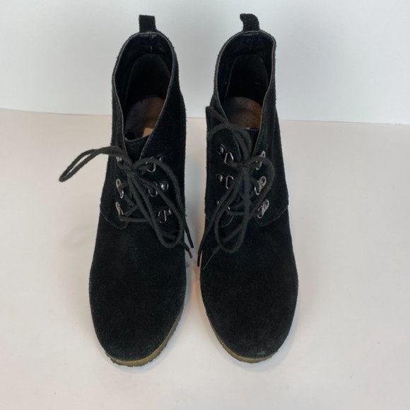Steve‎ Madden Wedge Ankle Booties 8 Black Suede Leather Tanngoo Lace Up - Picture 7 of 11